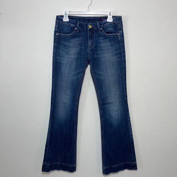 Vigoss Jeans Juniors 7 Flare Blue Stretch Denim Button Back Wide Cuff Distressed - Picture 1 of 10